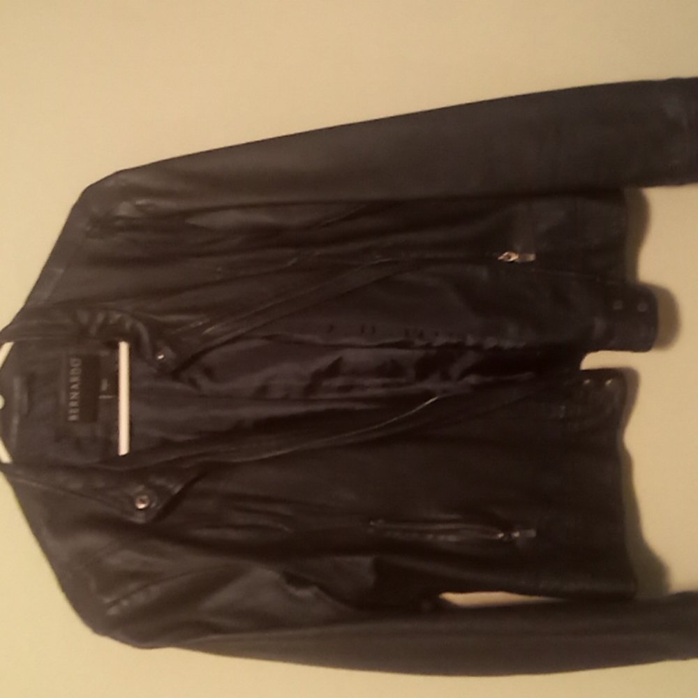 Navy blue leather bomber jacket